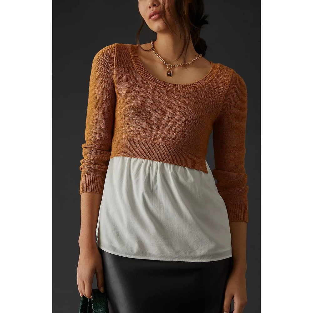 Anthropologie Layered Sweater Top Cozy Women M Brown Minimalist Boho Mixed Media